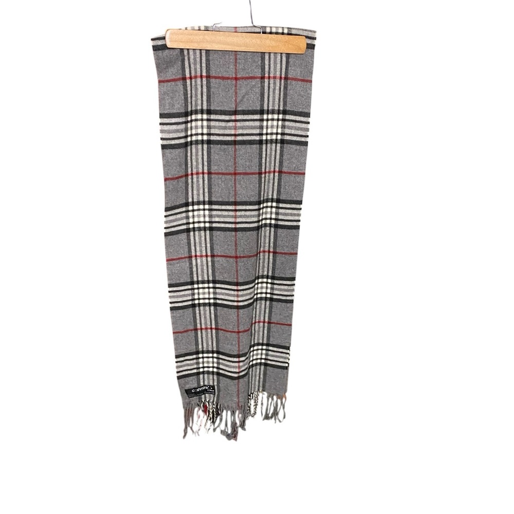 Fraas Gray and Black Plaid Scarf with Fringe